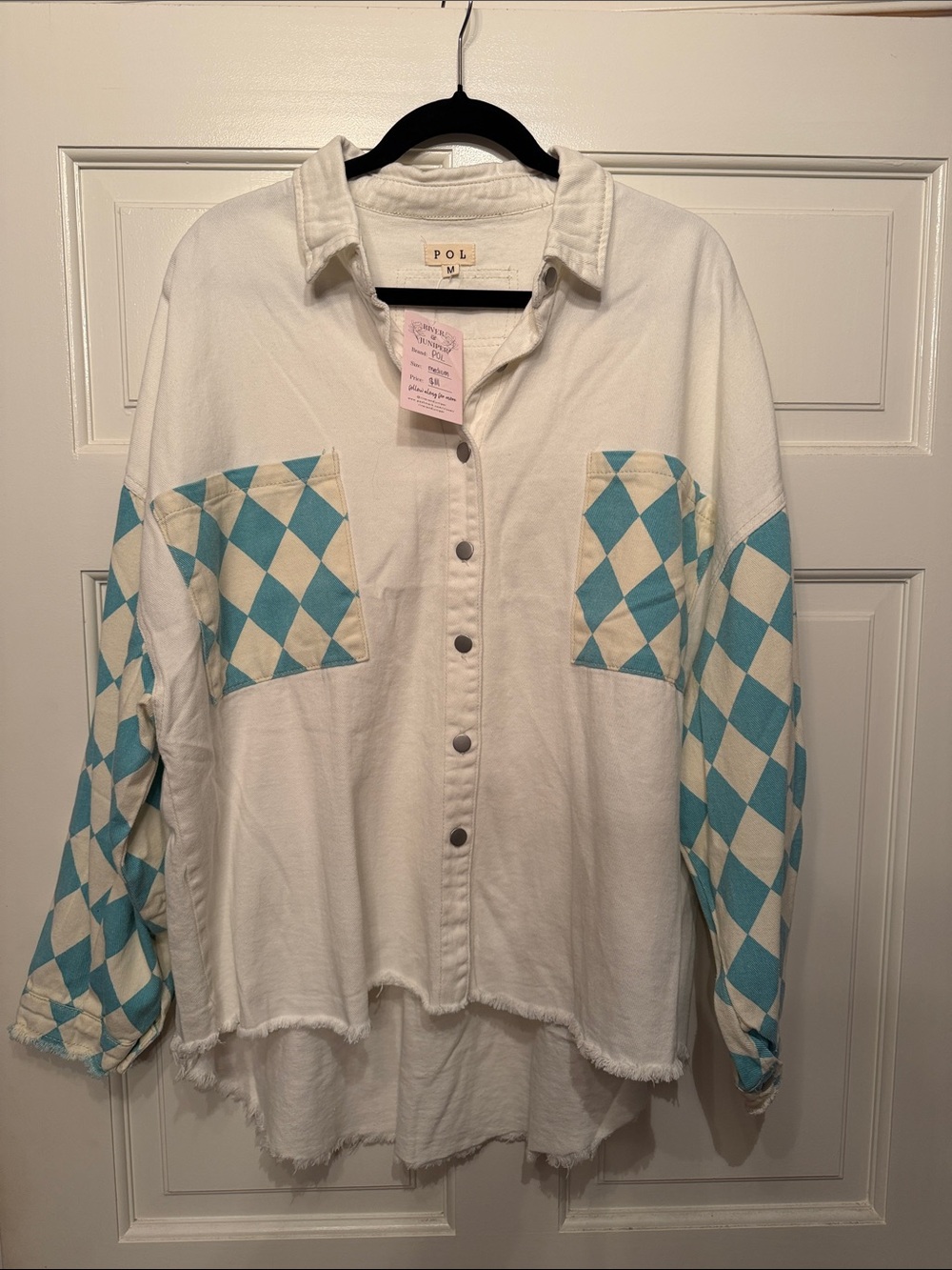 POL White Button-Front jacket with Blue teal Diamond accents nwt medium